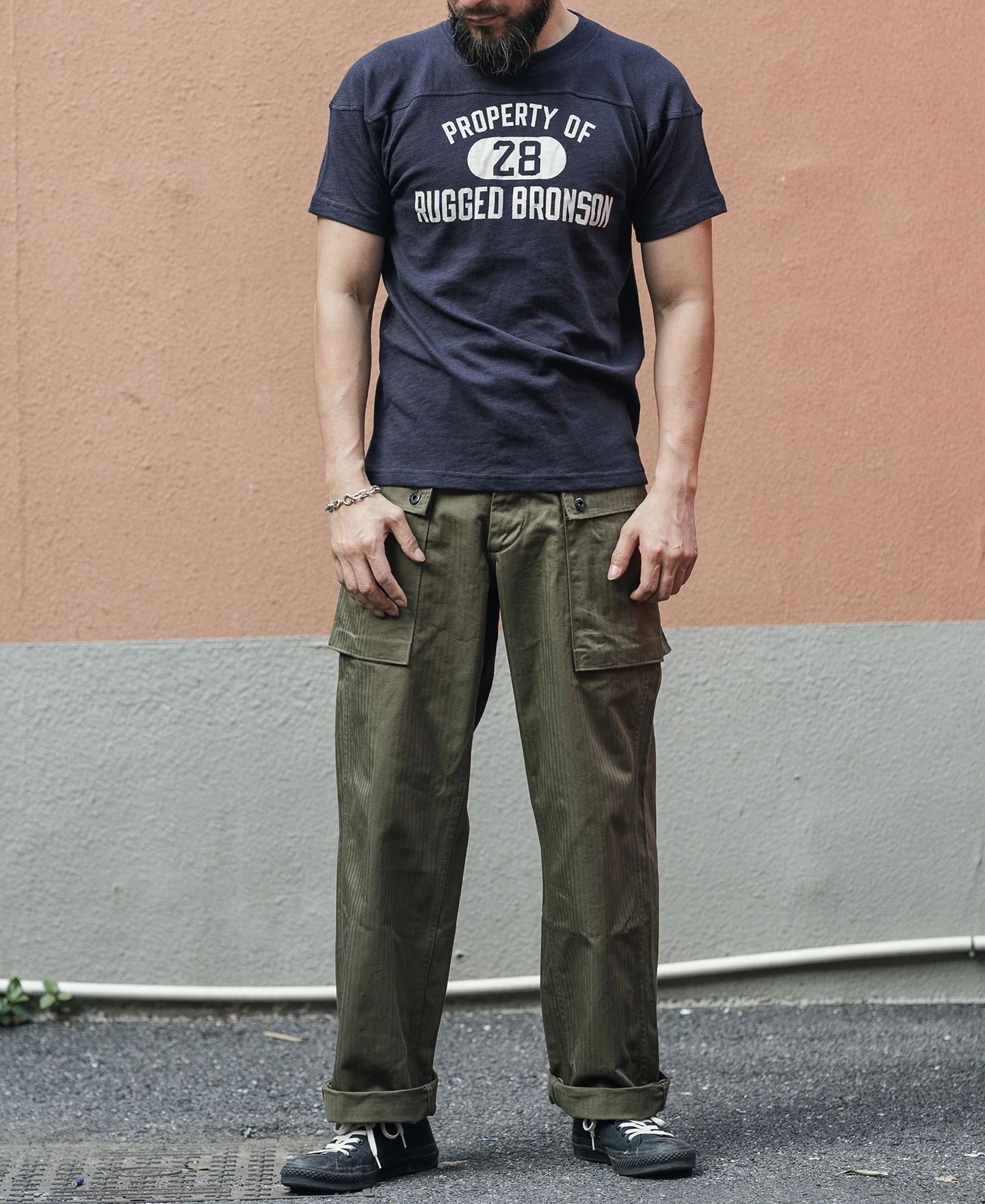 1950s Drop Shoulder Football T-Shirt - Navy