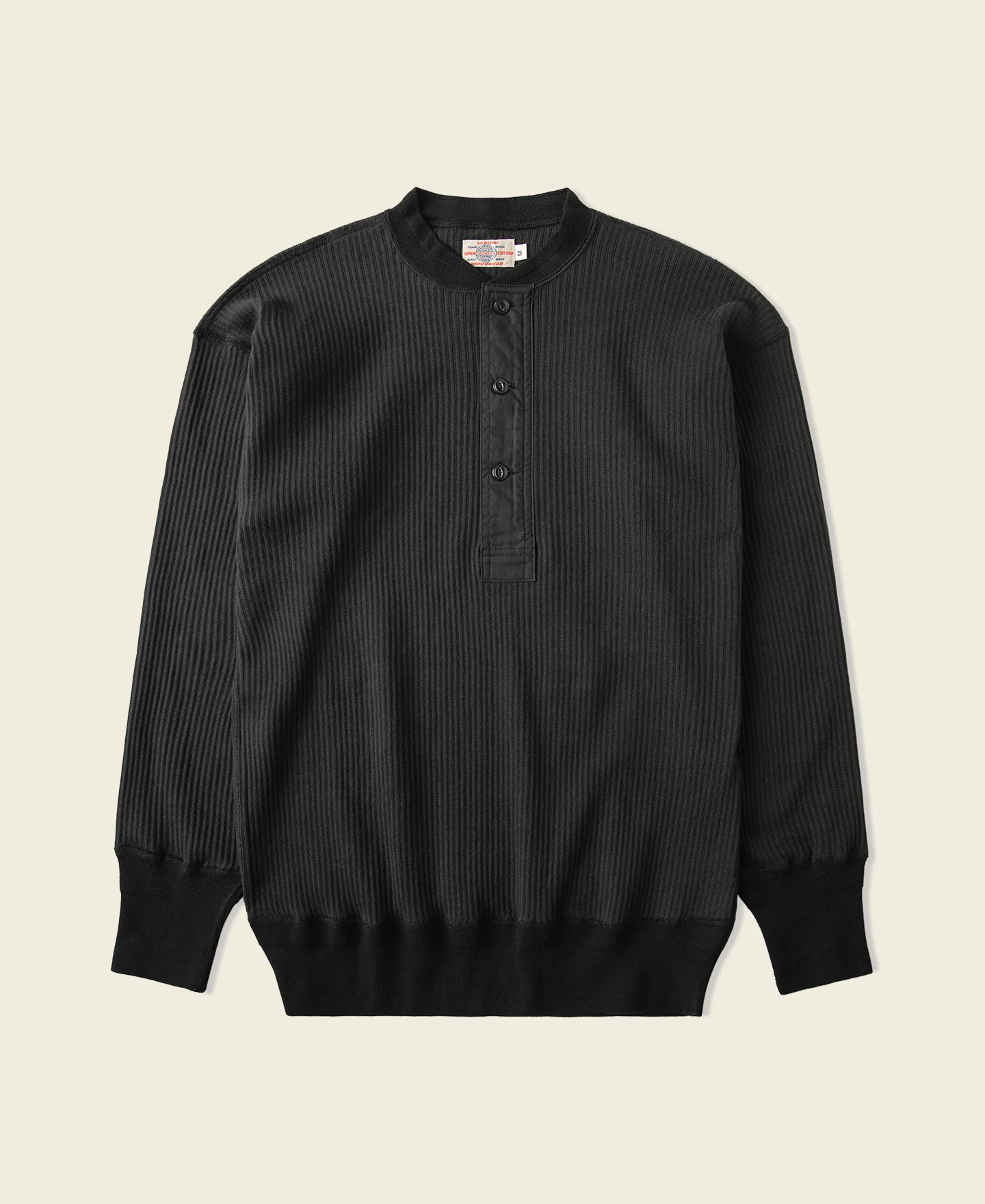 Ribbed Long Sleeve Henley T-Shirt - Black