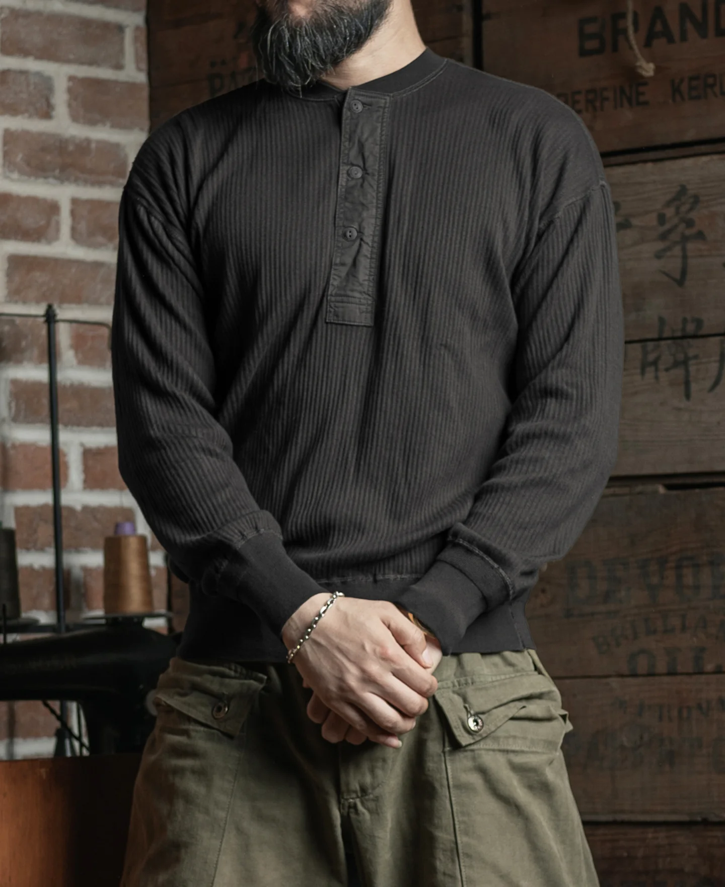 Ribbed Long Sleeve Henley T-Shirt - Black