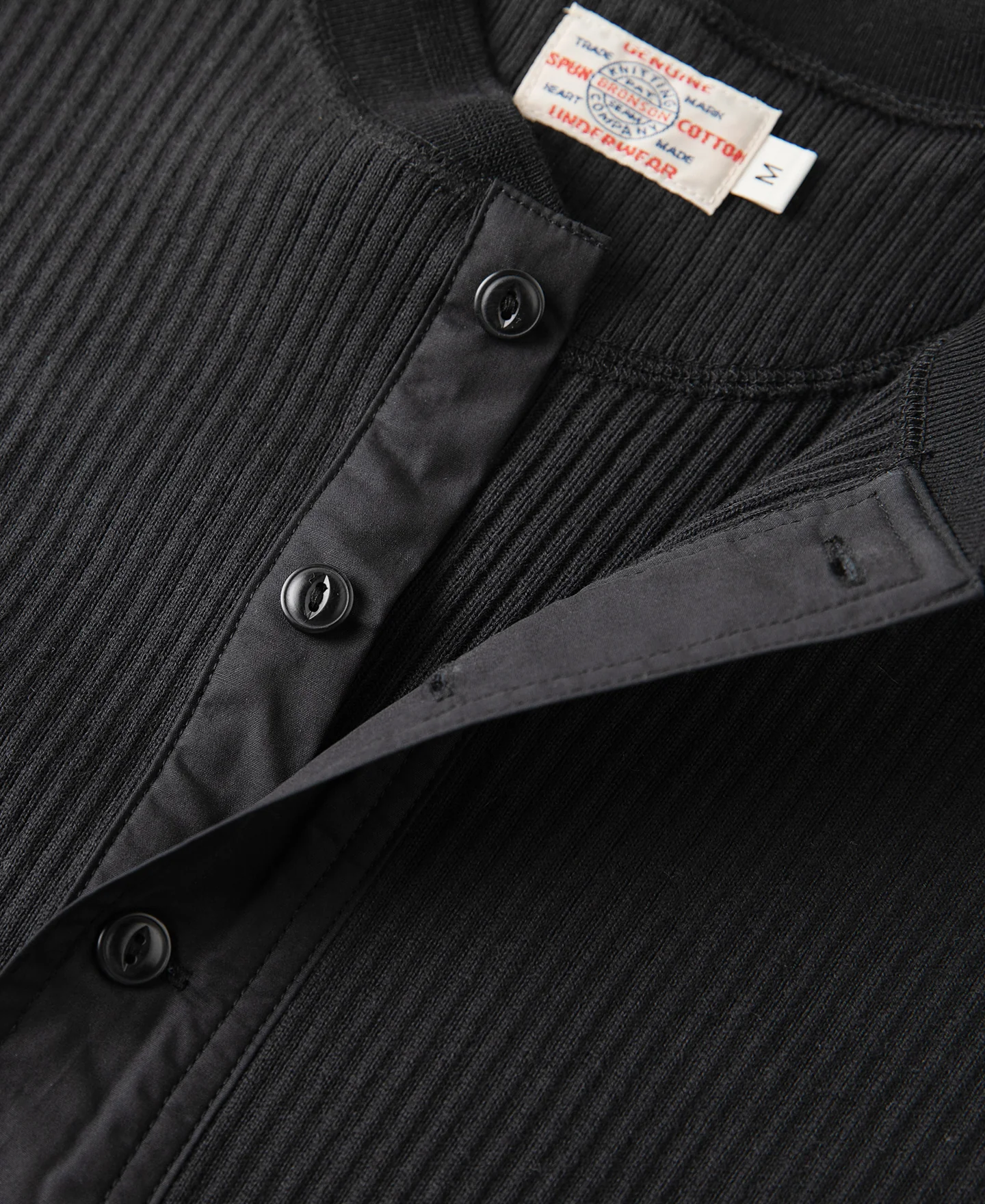 Ribbed Long Sleeve Henley T-Shirt - Black