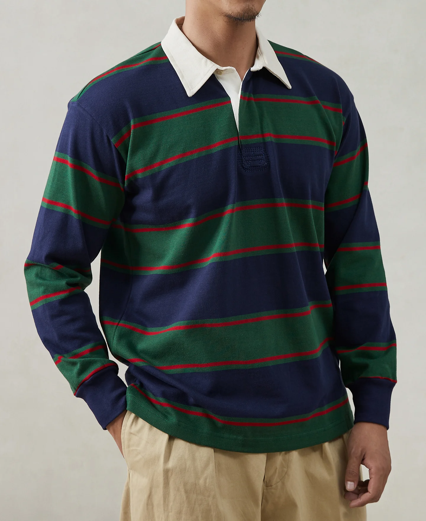 2744-classic-fit-striped-jersey-rugby-shirt-green-navy-red-3.webp Classic Fit Striped Jersey Rugby Shirt - Green/Navy/Red
