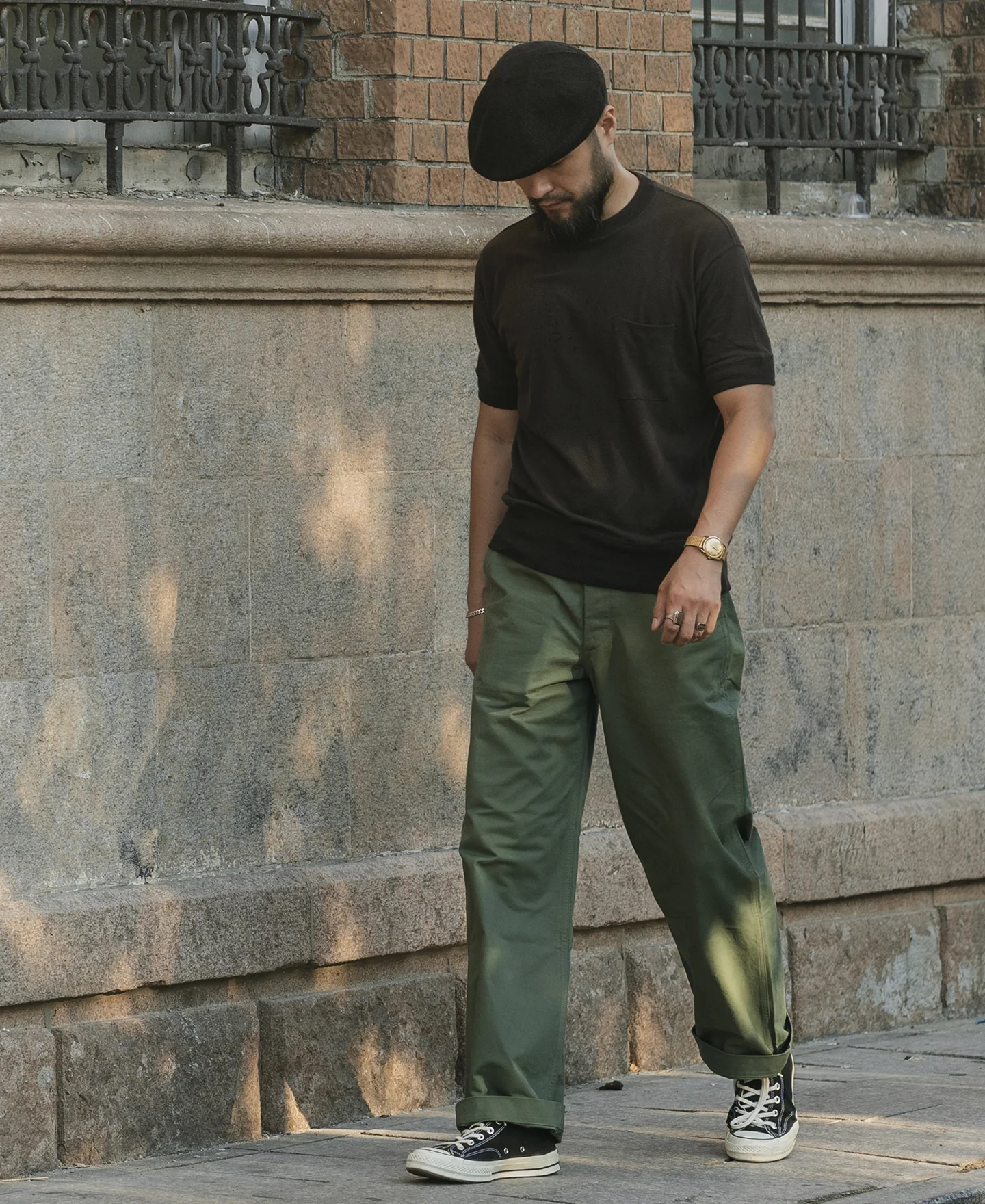Waffle Knit Pocket T-Shirt - Black