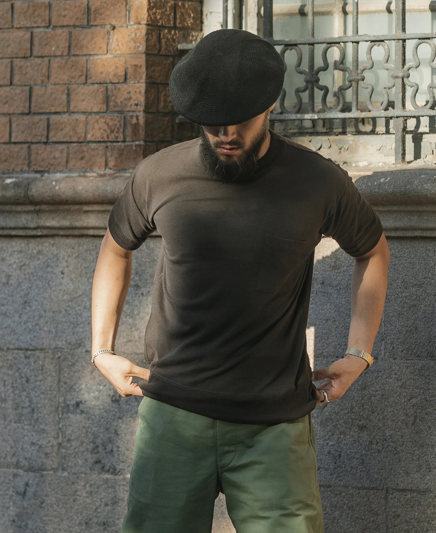 Waffle Knit Pocket T-Shirt - Black