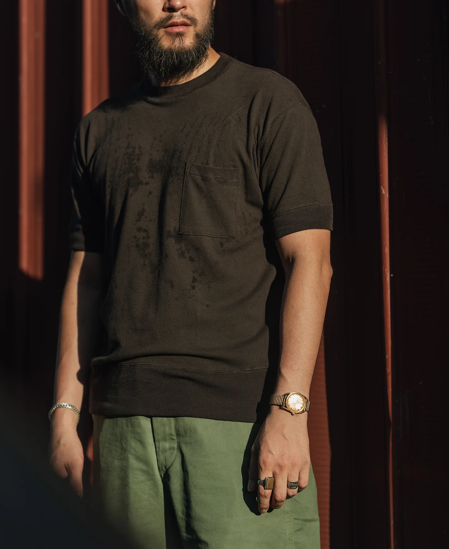 Waffle Knit Pocket T-Shirt - Black